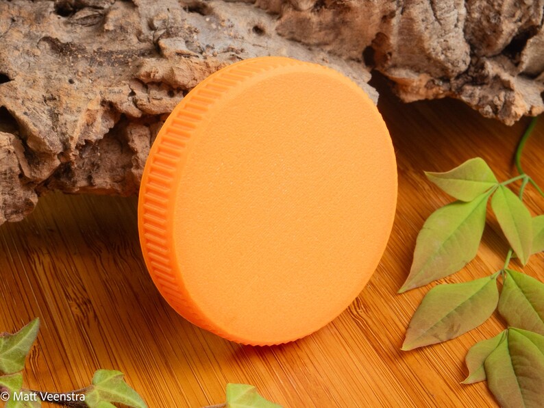 Puede incluir: Un objeto redondo y naranja con una superficie texturizada y un borde estriado. El objeto est&aacute; sobre una superficie de madera con hojas verdes y un trozo de corteza en el fondo. Parece ser una tapa o cubierta.