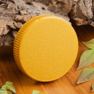 Puede incluir: Un objeto redondo y amarillo con una superficie texturizada y un borde estriado. Se encuentra sobre una superficie de madera, con hojas verdes y corteza en el fondo. El objeto parece ser una tapa o un recipiente.