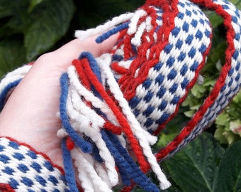 Handwoven Organic Thick Wool Belt - +/-200cm long / 2.2cm wide - red, white, blue - Living History, Handfasting, Trimming - ready to ship