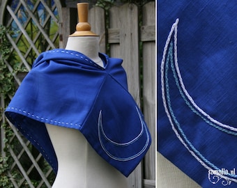 Skjoldehamn Hood - Blue Linen with Crescent Moon Embroidery - LARP, Renfaire, Living History, Reenactment, Theater, Pagan, Wiccan - osfm