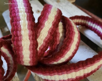 Handwoven Organic Thick Wool Belt in pink, purpur and bordeaux (190cm long, 2.2cm wide)