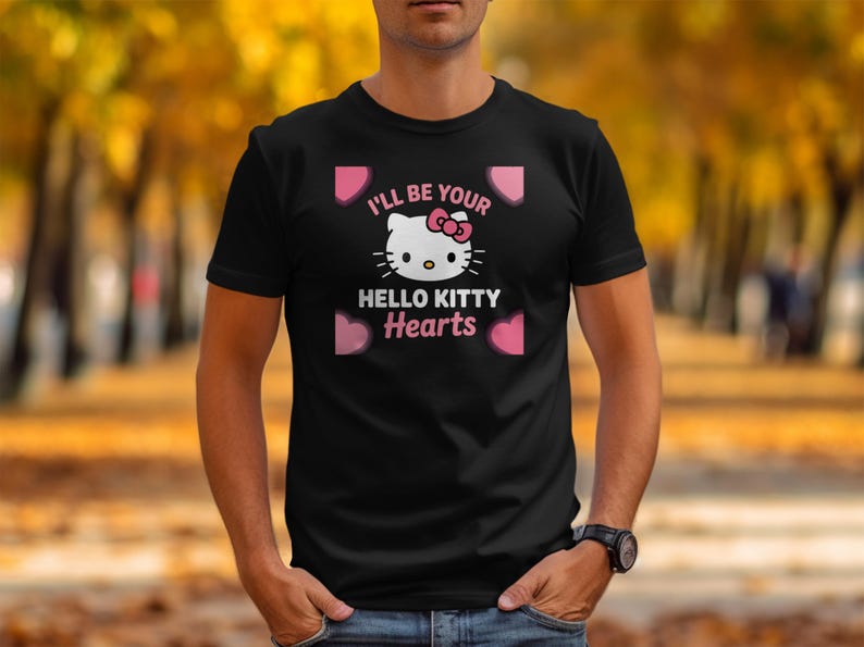 Cute Hello Kitty Hearts T-Shirt, I'll Be Your Hello Kitty Hearts Shirt, Adorable Graphic Tee, Fun Casual Wear, Stylish Black Tee