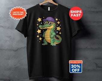 Cartoon Alligator T-Shirt, Gator Stars Apparel, Trendy Animal Lover Tee