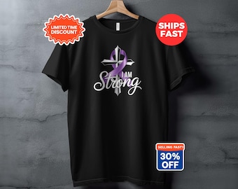 Purple Ribbon Cross T-Shirt, I Am Strong Awareness Design