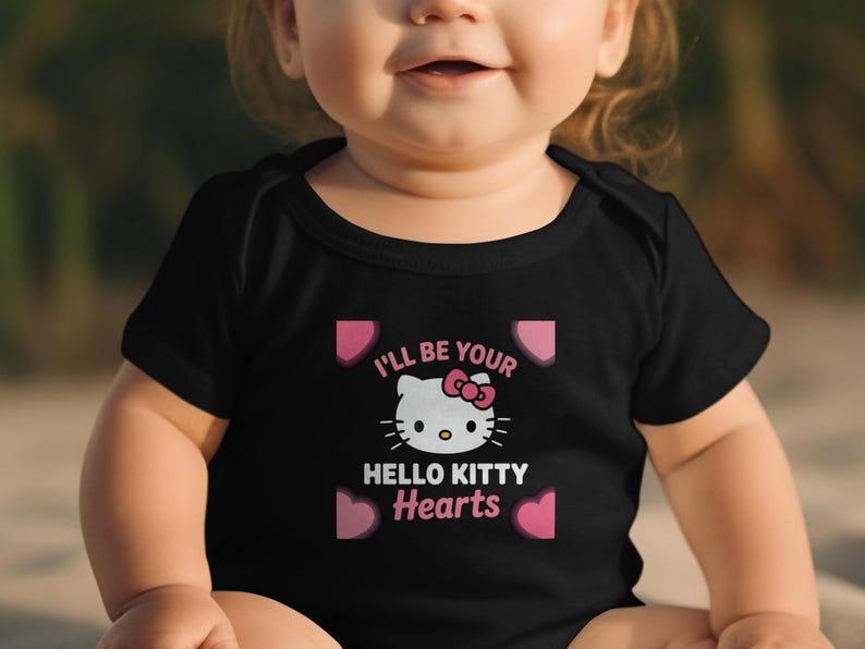 Baby Outfit Hello Kitty Hearts Black Baby Onesie, Cute Infant Clothes, I'll Be Your Hello Kitty, Adorable Baby Gift