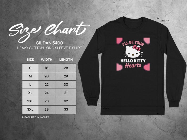 Hello Kitty Hearts Long Sleeve T-Shirt, Cute Graphic Tee, Women's Fashion, Valentine's Day Shirt, Black, Gildan 5400, Small to 3XL