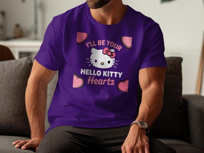 Cute Hello Kitty T-shirt, I'll Be Your Hello Kitty Hearts Design, Adorable Purple Shirt for Hello Kitty Fans, Casual Wear Tee