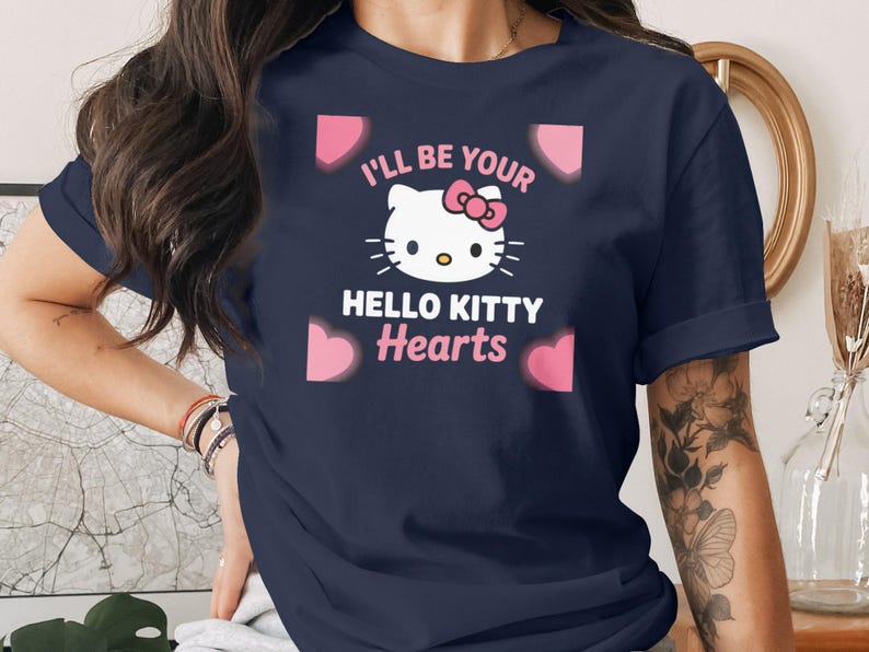 I'll Be Your Hello Kitty Hearts T-Shirt, Cute Hello Kitty Graphic Tee, Womens Kawaii Top, Valentine's Day Shirt, Casual Outfit