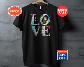 Watercolor LOVE T-Shirt, Floral Botanical Robin Bird Art Apparel