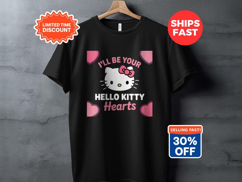 Cute Hello Kitty Hearts T-shirt, I'll Be Your Valentine Shirt, Adorable Cartoon Cat Tee, Heart Graphic Shirt for Kids and Adults