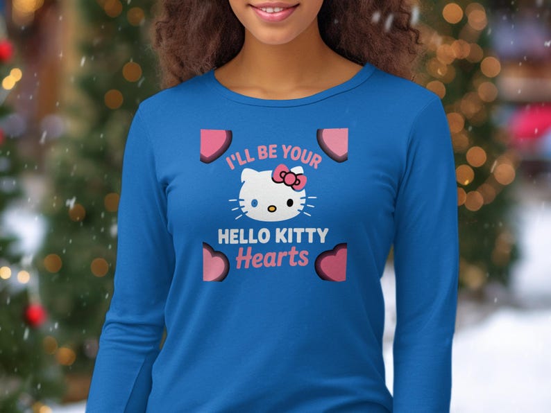 I'll Be Your Hello Kitty Hearts Shirt, Cute Long Sleeve Top, Fun Gift for Hello Kitty Fans, Adorable Character Apparel