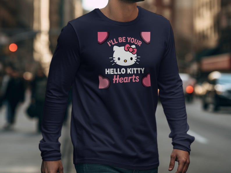 I'll Be Your Hello Kitty Hearts Long Sleeve Tee, Cute Graphic Shirt, Gift for Hello Kitty Fans, Casual Cute Long Sleeve Top