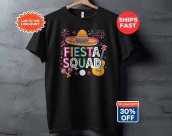Fiesta Squad T-Shirt, Mexican Party Sombrero Guitar Maracas Tee