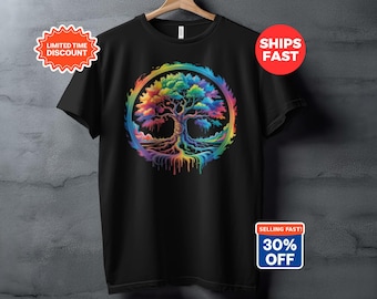 Rainbow Tree of Life T-Shirt, Dripping Paint Art, Bohemian Nature Tee