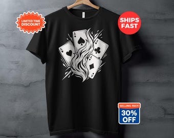 Aces on Fire T-Shirt, Four Aces Playing Cards Graphic Tee, Bold Flames Design