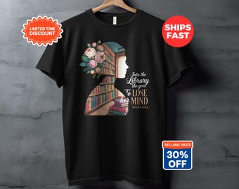 Library Silhouette T-Shirt, Floral Bookshelf Reader Apparel, Literary Quote Tee