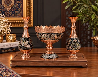 Handmade Persian Copper Minakari Decor Set -3-Piece Luxury Tray Collection- Bowl & Vase Set-Hand-Home Display and Gift-Housewarming gift