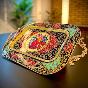 Handgefertigtes Kupfer Minakari Tablett | Handbemalte Emaille Kunst-Dekoratives Serviertablett-Persische Kunstwerk-Luxus Wohnkultur-Einweihungsgeschenk -