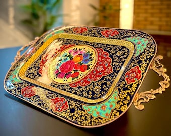 Handmade Copper Minakari Tray | Hand-Painted Enamel Art-Decorative Serving Tray-Persian Artwork-Luxury Home Decor-Housewarming gift—home gif