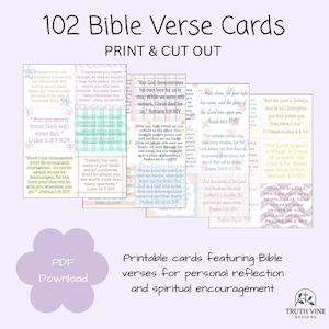Pode incluir: Cartões de versículos bíblicos imprimíveis com 102 versículos, prontos para imprimir e recortar. Os cartões apresentam vários versículos para reflexão pessoal e encorajamento espiritual. O design inclui um motivo floral e o texto "PDF Download".