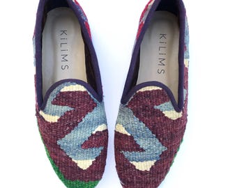Mocasines Kilim para hombre – Zapatos llamativos – Estampado azul, marrón y verde – Zapatos sin cordones hechos a mano – Mocasines de verano