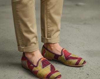 Groene kelimschoenen heren – Turkse handgemaakte geweven loafers – Geweven smokingpantoffels – Boho-flats