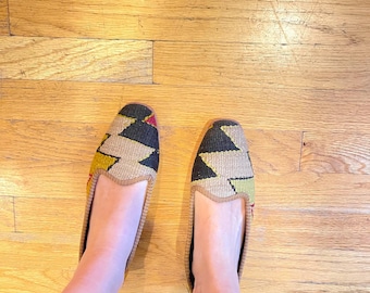Boho Kilim Loafers Women | Unique Handmade Shoes | Yellow Beige Black ZigZag Flats | Statement Shoes