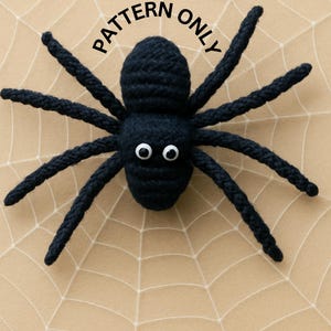 May include: A crocheted black spider with eight legs and googly eyes, set against a tan background with a white spiderweb design. The text "PATTERN ONLY" is arched above the spider.