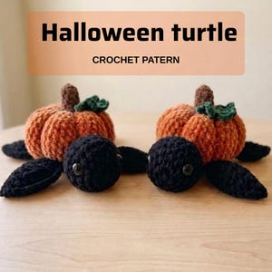 May include: Two crocheted turtles with black heads and flippers, featuring orange pumpkin shells topped with small green leaves. The image includes the text Halloween turtle CROCHET PATERN in black letters on a light peach rectangular background.