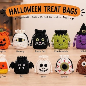 May include: Ten small, crocheted drawstring bags featuring Halloween-themed designs: a pumpkin, mummy, black cat, Frankenstein, witch, candy corn, bat, skull, eyeball, and owl. Each bag has a unique character face and colour scheme.