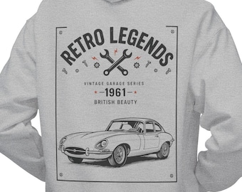 Jaguar E Type Hoodie – Vintage brittisk klassisk bil grafisk tröja present