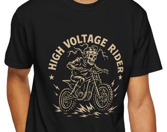 Electric Bike Rider T-Shirt – Vintage Skeleton E-Moto Graphic Tee, High Voltage Style