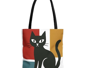 Schwarze Katzen-Einkaufstasche, Retro geometrische Kunst Minimalist wiederverwendbare Einkaufstasche