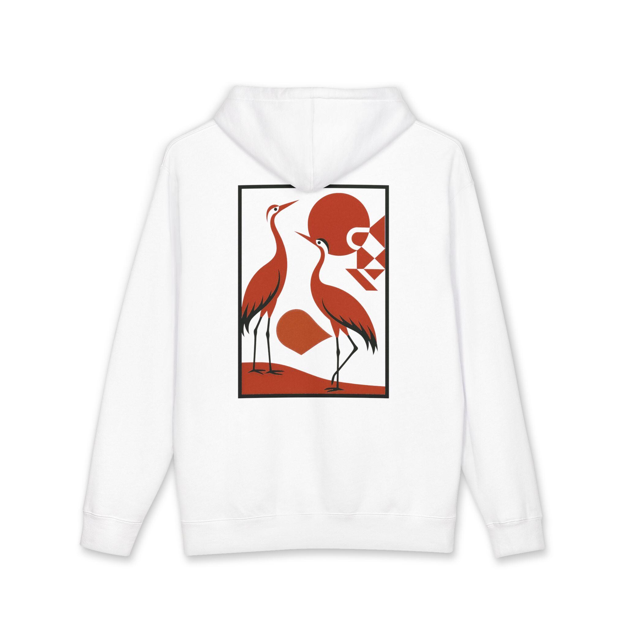 Japanese Crane Hoodie – Retro Geometric Bird Art Fleece Sweatshirt 