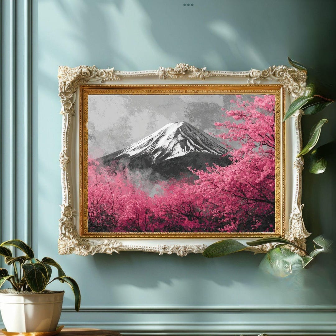 Mount Fuji Cherry Blossom Art Print, Japanese Landscape Wall Art, Pink ...