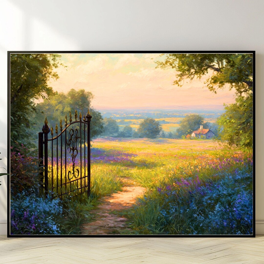 Sunlit Meadow With Wildflowers, a Winding Path Through an Open Iron ...