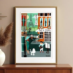Mid Century Modern Paris Art Print | Cafe de Flore & Eiffel Tower Poster image 1