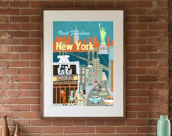 New York City Art Print, Mid Century Modern  | Colorful NYC Retro Poster