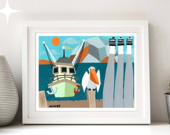 Morro Bay art print mid century modern pelican painting by Maude with fishing boat schooner, and Morro Rock. Multiple sizes