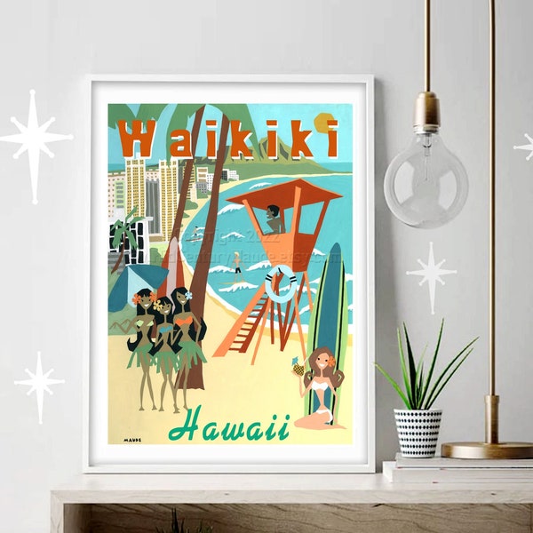 Mid century modern art Waikiki, Hawaii poster print vintage tiki style painting by Maude retro wall decor available in multiple sizes