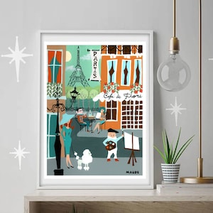 A poster art print of Paris in a retro mid-century modern style featuring a turquoise and burnt orange color scheme and framed in a white frame.