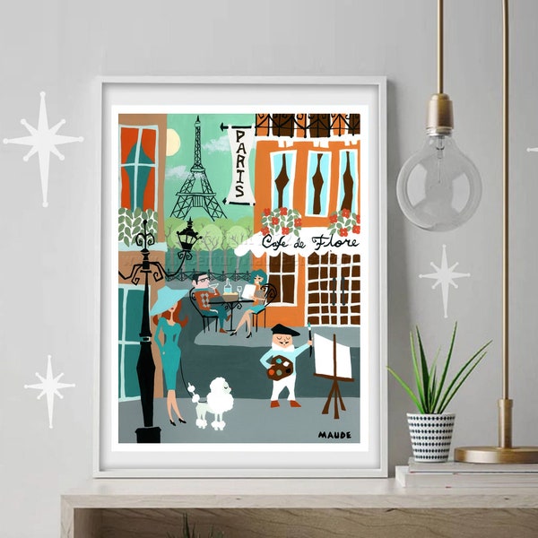 Paris art poster print in a mid-century modern retro style. Painting by Maude.  Available in multiple sizes. 1950s vintage inspired art
