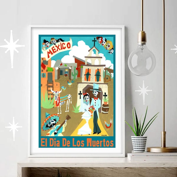 Day of the Dead painting Dia De los Muertos art print mid century modern Mexico travel poster by Maude multiple sizes small to large