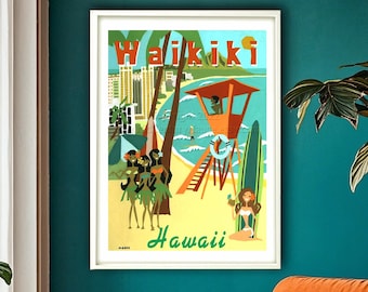 Waikiki Hawaii Art Print - Retro Mid Century Modern Travel Poster by Maude