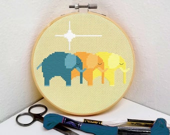 Elephants cross stitch pattern PDF download mid century modern retro easy design by Maude needlepoint embroidery great for beginners