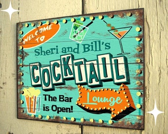 Personalized cocktail lounge sign retro mid-century modern custom bar art wood sign for indoor or outdoor use by Maude gift for couples