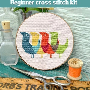 Retro birds beginner cross stitch kit easy mid-century modern needlepoint design by Maude available with or without embroidery hoop