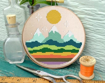 Mountain landscape cross stitch kit beginner, modern, easy, needlepoint by Mid-Century Maude with floss, fabric, needle,  HOOP OPTIONAL