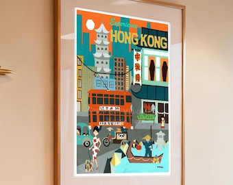 Retro Hong Kong Art Print, Mid Century Modern Travel Poster, Colorful Vintage Vibes Wall Decor