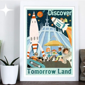 Tomorrowland Space Mountain poster art print retro, vintage Disneyland mid-century style painting by Maude available in multiple sizes